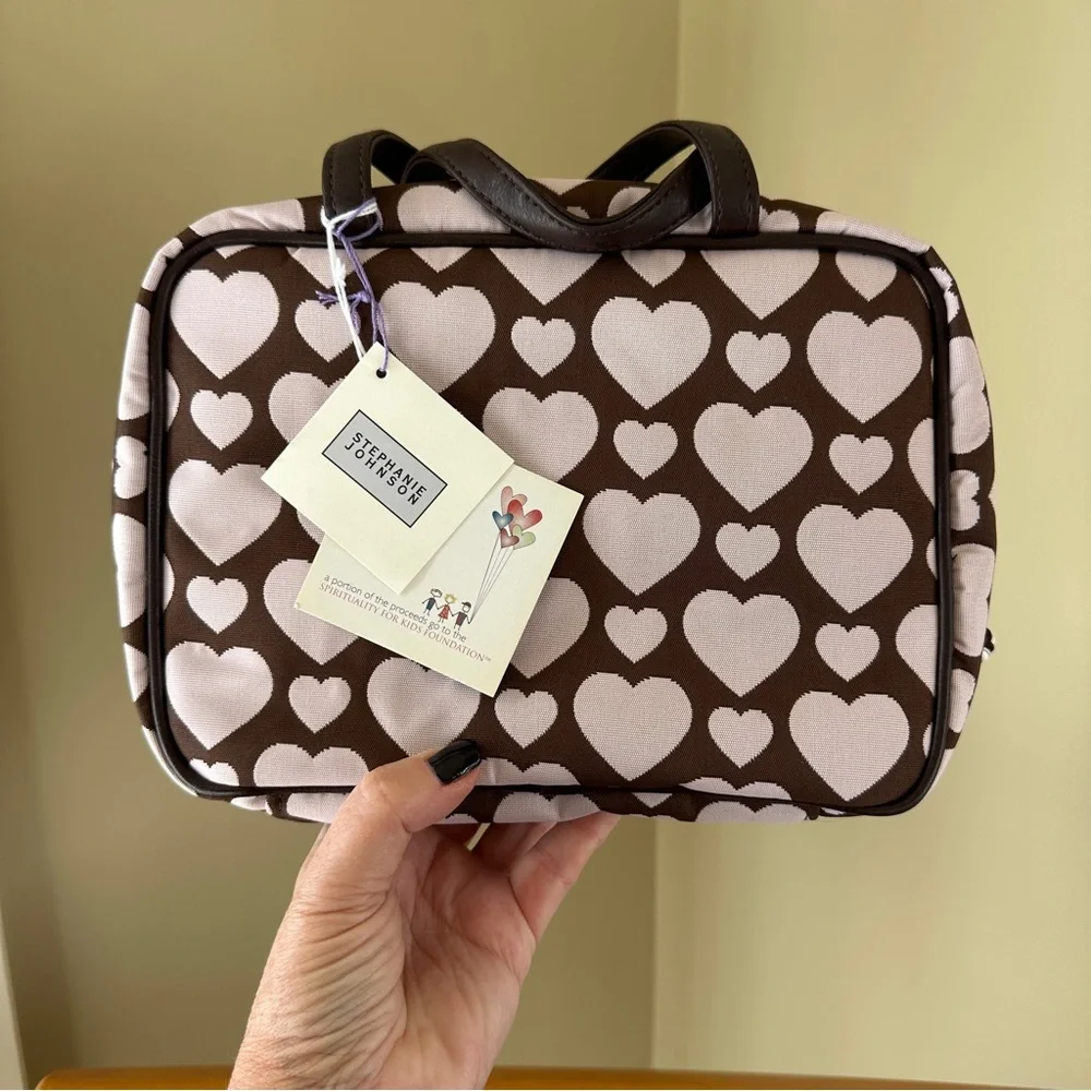 Stephanie Johnson Brown and Pale Pink Heart ML Traveler Cosmetics Case